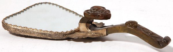 Carved Chinese Jade Belt Hook/Hand Mirror: In dark green jade, set in a chased silver mount with mirror. Silver has dragons in clouds, hook is 4.7" long, mirror is 8.5" long. Housed in fitted silk covered & lined wood box.