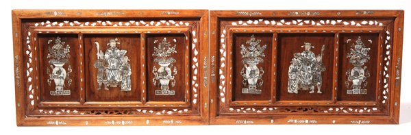 Chinese Inlaid Screens: Circa last quarter of the 19th century, being two panels, each 15" x 25" with three panels on each teak screen with central being of Emperor and warrior guard, flanked by vases of flowers, with reticu