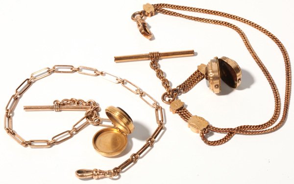 Watch Chains, Gold Filled With Fobs: One chain is the long link style, the other is nice slide type. Both have locket style stone fobs.