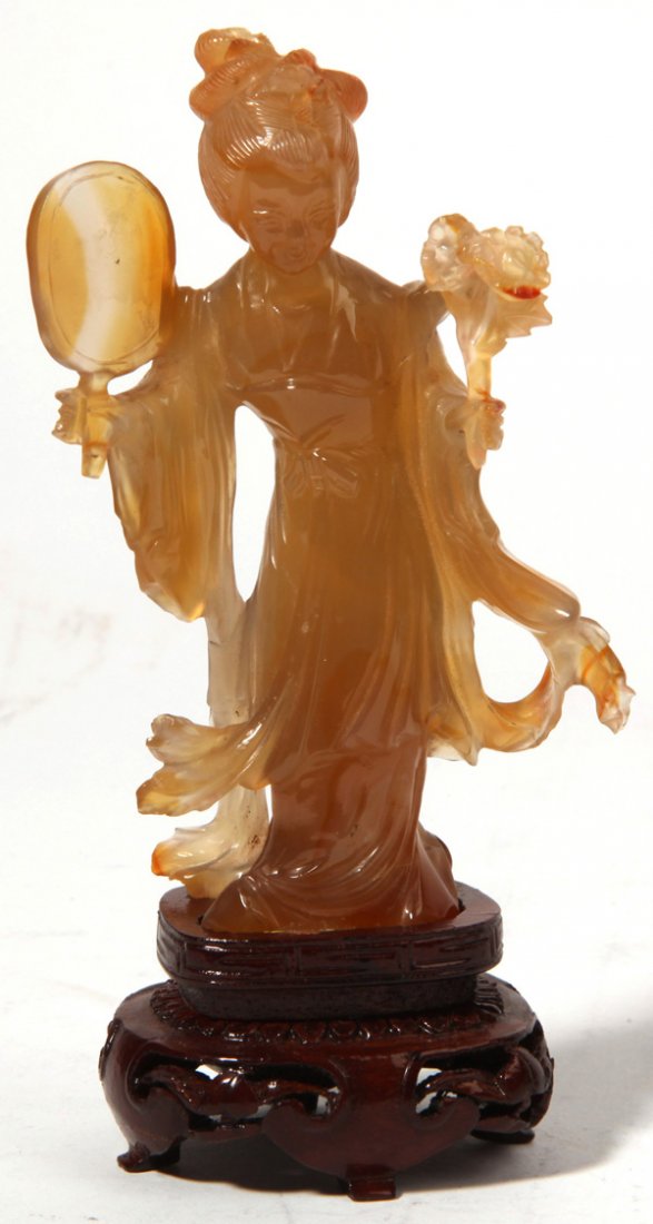 Carved Chinese Jade Figure: Of a young noble woman holding hand mirror and flowers in flowing gown, 4.25" high, on nicely carved teak stand, 1.25" high.