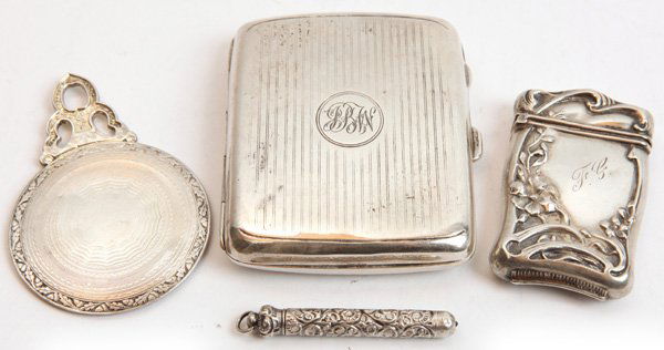 Lot of 4 Unusual Pieces Sterling Silver: One sterling (English) cigarette case, one match safe (Art Nouveau style), sterling mechanical pencil, small hand mirror. Total weight is 4.90 ozt. Case 3 1/4" H. x 3" W.