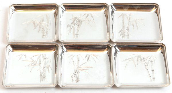 Sterling Silver .950 Japanese Mint Trays: Six pieces, hand engraving. Total weight 6.97 ozt.