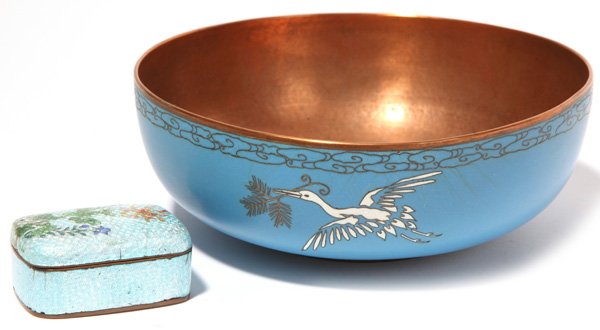 Japanese Cloisonne: Lot of 2, including a beautiful bowl on hand hammered copper with robin's egg blue ground and white cranes in flight, carrying a branch in beaks, 7.2" diameter x 2.6" high; and a lidded box with engin