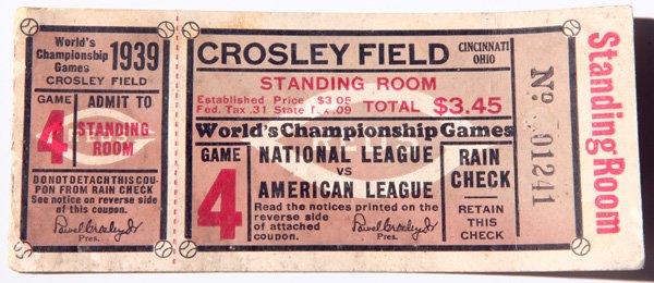 1939 World Series Crosley Field Ticket Stub: Game Four Standing Room ticket.