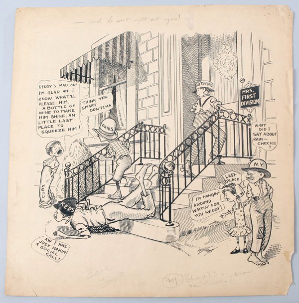 Original Circa 1920 Baseball Ink Artwork for Newspaper: Great original 17" x 20" ink drawing probably for a newspaper titled Bringing Home the Bacon - The End. Content seems to be pertaining to Pennant Races including Red Sox Sliced Bacon Home Run Brand by