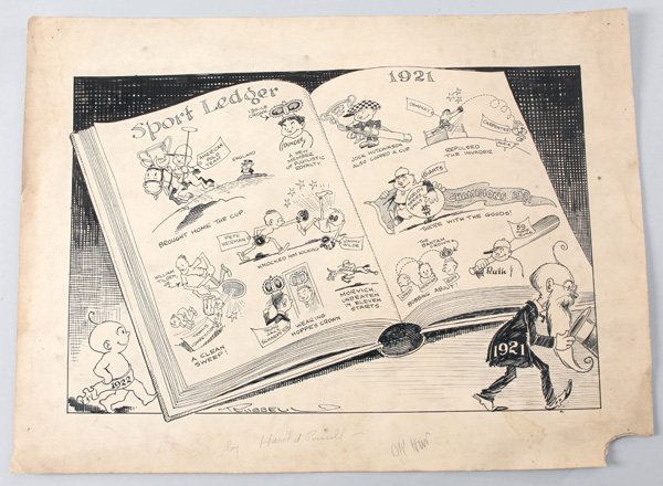 Original Circa 1920 Baseball Ink Artwork for Newspaper: Great original 15" x 17" ink drawing probably for a newspaper titled And he Went Right Out Again!. Contant pertains to Pennant Race with Pittsburg Mrs. First Division and Reds Just Makin Social Call. 