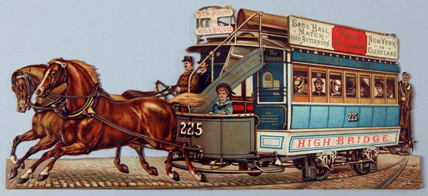 Great 1880's Polo Grounds Trolley Car Die Cut: Full color 11 1/4" Victorian Die cut of horse drawn trolley car heading for The Polo Grounds for New York vs. Cleveland Baseball Match.