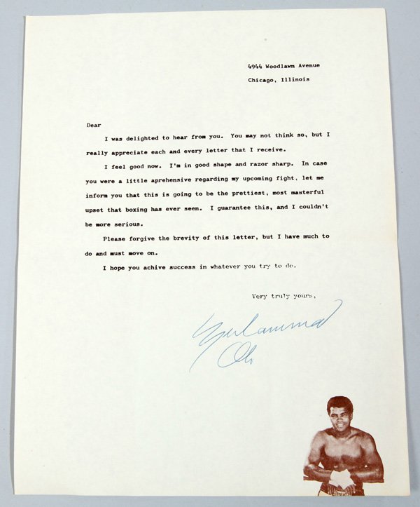 Muhammed Ali Autographed Letter: An illustrated typed single letter sheet with half-length portrait of the famous heavyweight boxer in lower right corner, signed in ink at bottom of typed text.