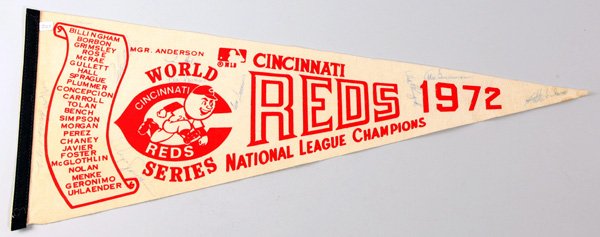 1972 Cincinnati Reds Autographed Pennant: 30" Pennant includes authentic autographs in blue pen including Ted Kluszewski, Alex Grammas, Cesar Geronimo, Bill Plummer, Tom Hall, Wayne Simpson, Pedro Borbon, Darrel Chaney and others.