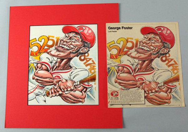 Original Cincinnati Reds Illustration Art - George: 11" x 9 1/2" artwork for 1988 All Star game Supplement to Cincinnati Enquirer. Nicely matted. Includes original page of Supplement. Original price was $300.