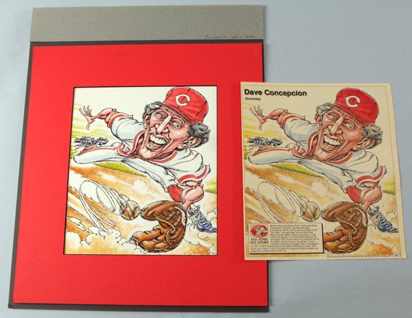 Original Cincinnati Reds Illustration Art - Dave: 11" x 9 1/2" artwork for 1988 All Star game Supplement to Cincinnati Enquirer. Nicely matted. Includes original page of Supplement. Original price was $300.