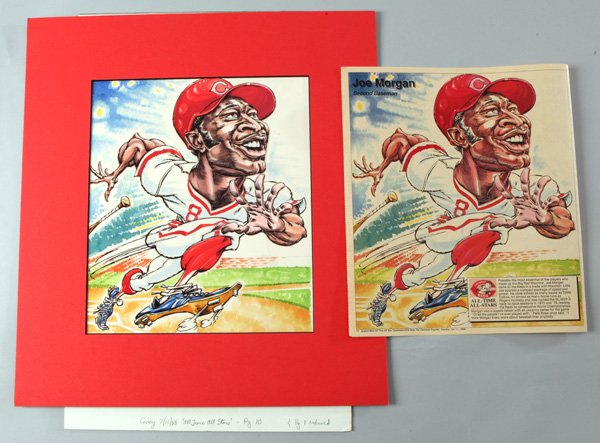 Original Cincinnati Reds Illustration Art - Joe Morgan: 11" x 9 1/2" artwork for 1988 All Star game Supplement to Cincinnati Enquirer. Nicely matted. Includes original page of Supplement. Original price was $300.