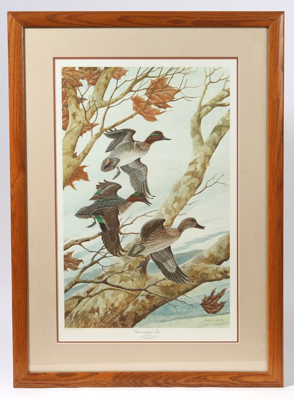 John A. Ruthven (Ohio) Print "Green-Winged Teal": John A. Ruthven (Cincinnati, Ohio, 1924-present) double signed print titled, "Green-Winged Teal," pencil signature, "John A. Ruthven," lower right. "Artist Proof 5/560" lower left. Image 17 1/2" x 27 