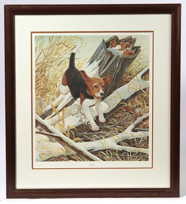 John A. Ruthven (Ohio) Print "Beagle": John A. Ruthven (Cincinnati, Ohio, 1924-present) double signed print titled, "Beagle," pencil signature "John A. Ruthven" lower left and numbered, "5/750" lower right. Image 19" x 21 1/4". Framed 27 1