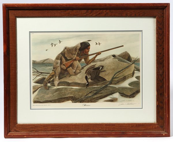 John A. Ruthven (Ohio) Print "Shawnee": John A. Ruthven (Cincinnati, Ohio, 1924-present) double signed print titled, "Shawnee." Pencil signed, "John A. Ruthven," lowe right, and numbered, "From A Limited Edition of 3000/Print No. 1940," low