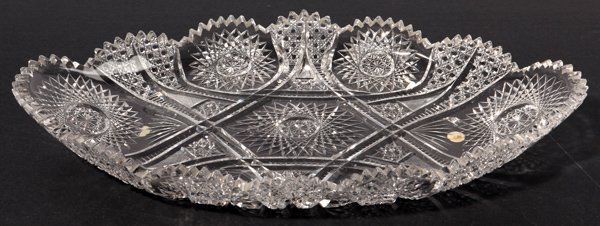 American Cut Glass Ice Cream Tray: Brilliant Period, circa 1910 with finely cut hop stars, and nails head, with saw tooth edge, 9.75" x 17.5" x 2" high.