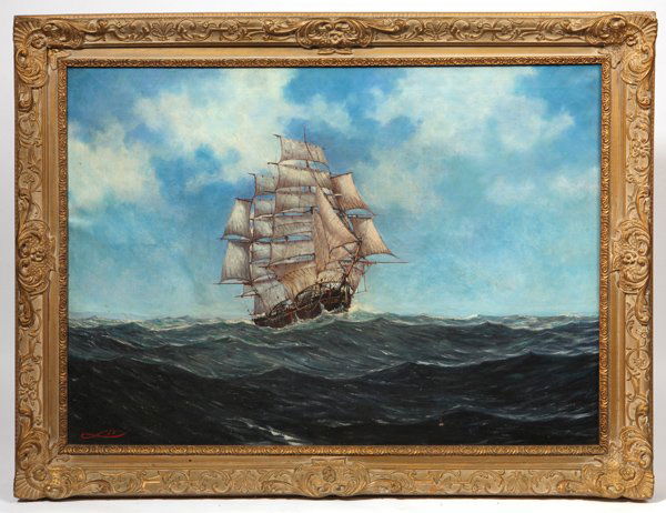 Illegibly Signed 19th Century Oil Painting of Ship: 26 1/4" x 36" oil on canvas of ship under full sail. Signed with illegible signature/monogram lower left. Framed 32 1/2" x 42 1/4".