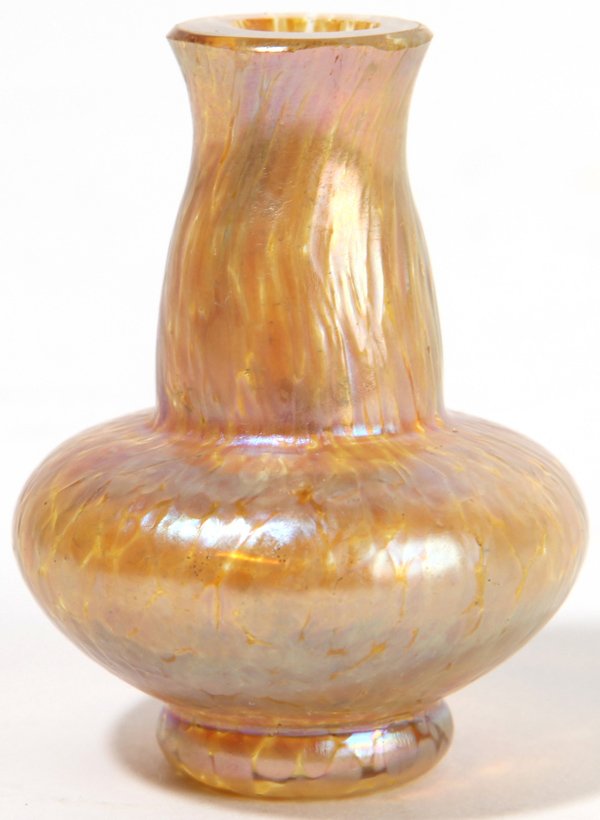 Miniature Loetz Cabinet Vase: In gold irridesent, ground lip from where blow pipe was attached, 2" high, circa 1910.
