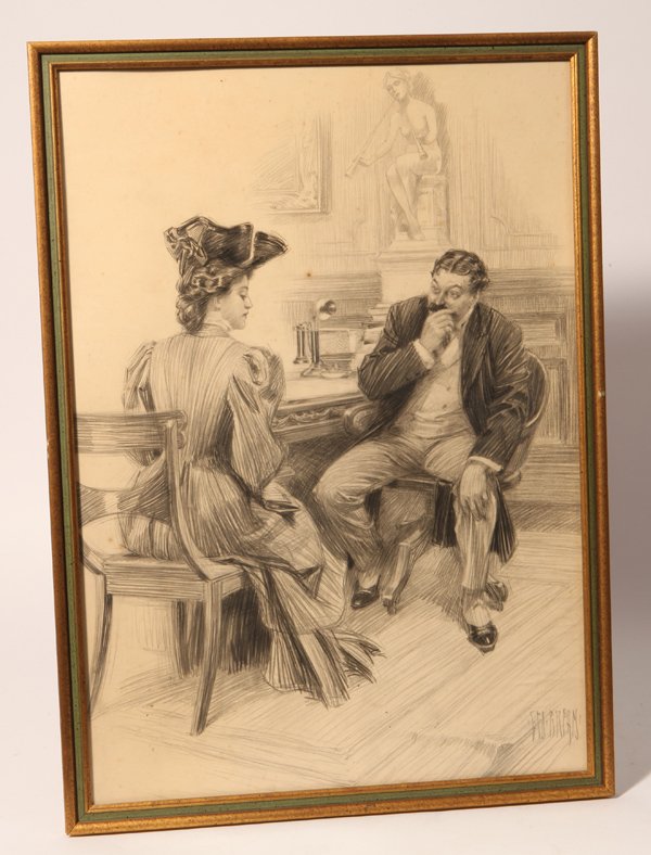 George Brehm (NY/Indiana) Pencil Drawing: George Brehm (New York/Indiana, 1878-1966) 22" x 15 1/2" charcoal pencil drawing of a man and woman seated at a desk. Signed, "Geo Brehm," lower right. George Brehm painted cover illustrations for man