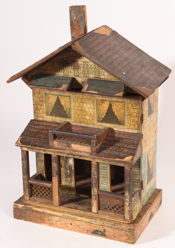 German Chromolithographed Doll House: Chromolithographed paper over wood with front panel hinged to allow front to swing open, revealing two interior rooms, likely made by Bliss. 11.5" x 7.5" x 18.5" high.