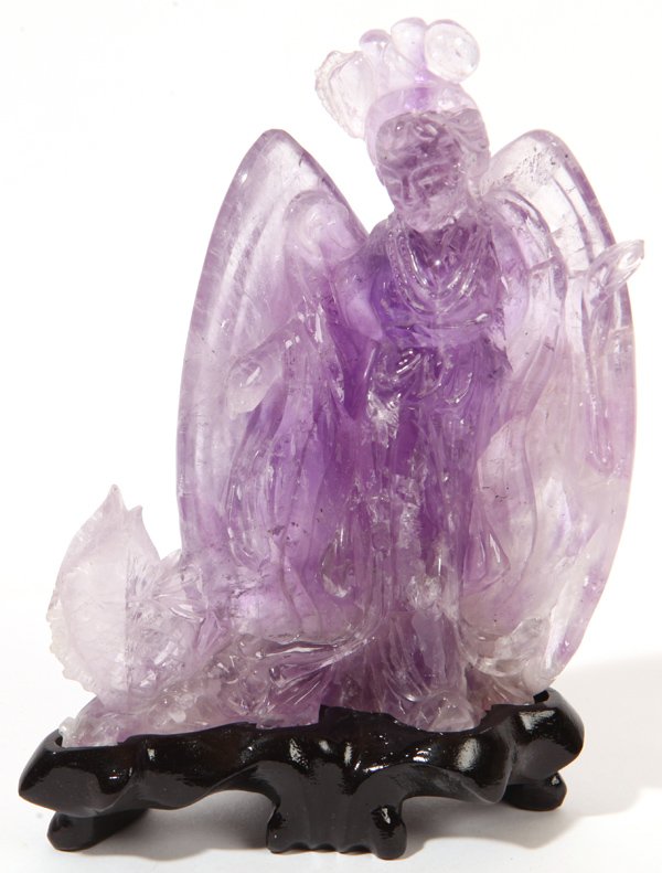 Chinese Carved Amethyst Figure of Noblewoman: With fish leaping from water at her feet, 4.5 x 5.75â€ high and mounted on naturally carved and fitted teak stand and housed in silk covered fitted box.