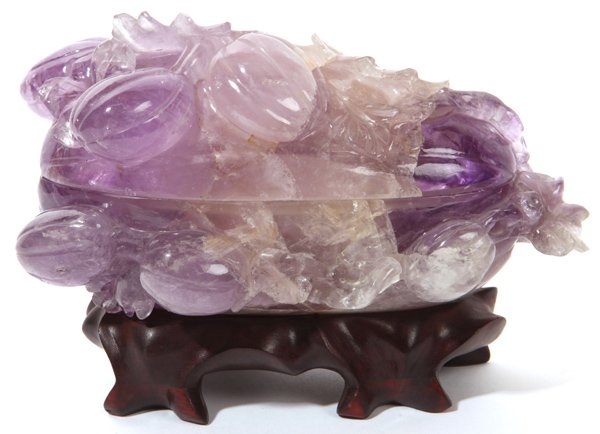 Chinese Carved Amethyst Fruit: Two piece with hollow interior to use as dresser box, 7 x 4 x 3.75â€ high and mounted on a 1.5â€ high natural form carved teak stand, and stored in silk covered fitted box.