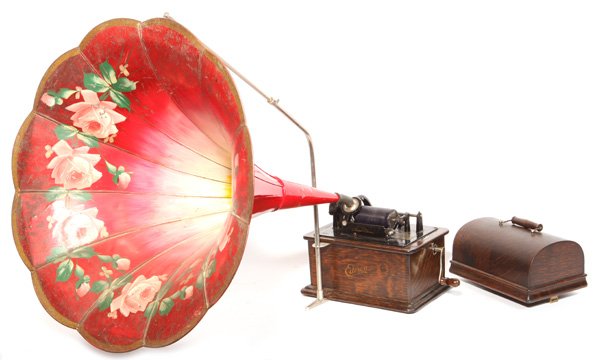 Edison Standard Cylinder Phonograph: With morning glory horn. Nice clean oak case, original painted horn inside. 12" H x 13" W x 9 1/4" D.