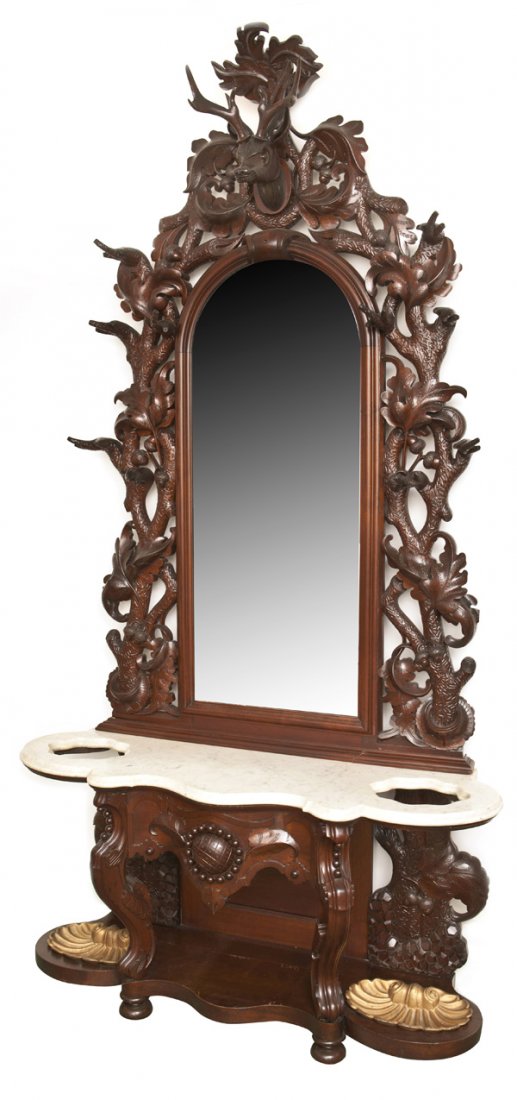 Super Mitchell & Rammelsburg Hall Tree: Walnut Victorian mid 19th century Â 2 piece carved hall tree by Mitchell and Rammelsburg Furniture Co., Cincinnati, Ohio. Â Beautifully carved figural hall stand with center mirror flanked with na