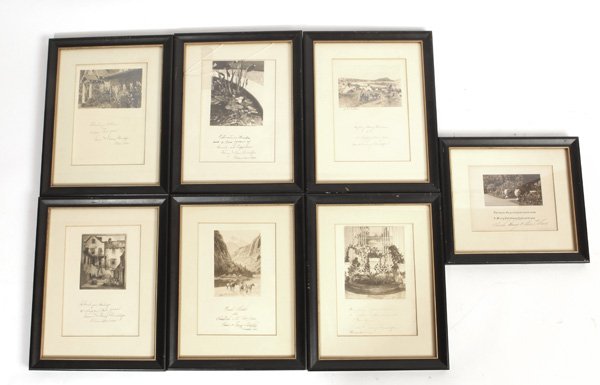 Seven Greeting Cards From Farny Wurlitzer: With various scenes including 2 Native American scenes originally painted by Henry Farny. All from the 1930's from Grace and Farny Wurlitzer. All nicely frames. Six frames 10 1/2" H x 8 1/4" W.