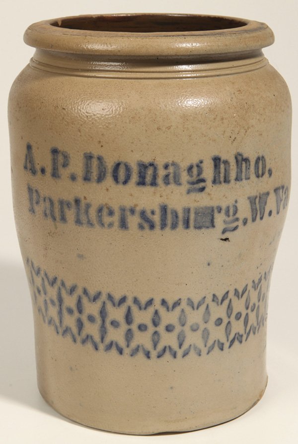 A. P. Donaghoo, Parkersburg, WV Stoneware Jar: Blue stenciled decoration. 11 1/2" High.