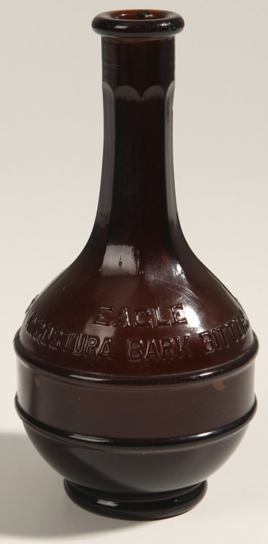 Eagle Angoustura Bank Bitters Bottle: Amber in color. "Pat. Feb. 4th 1902" on bottom. 7" High.