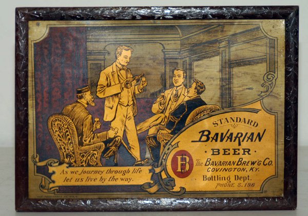 Circa 1910 Bavarian Beer Metal Sign: Bavarian Beer, Covington, KY metal sign in original embossed wood frame. 11" High x 15" Wide.