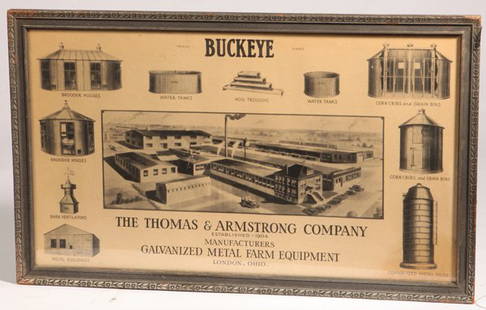 Byckeye Farm Equipment London, Ohio Sign: Paper on cardboard sign advertising "The Thomas & Armstrong Co. Manufacturers Galvanized Metal Farm Equipment, London, Ohio." 15 1/12" High x 26" Wide.