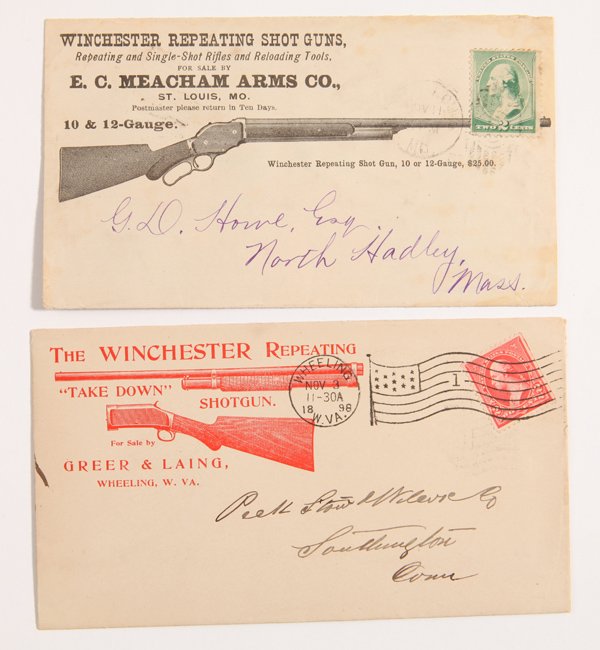 2 Illustrated Winchester Covers: Both mailed in 1898, one with red printed Winchester Repeating Take Down Shotgun, with dealer Greer & Laing, Wheeling, W.V., reverse with two more rifles illustrated, pump action .22 Caliber Repeating