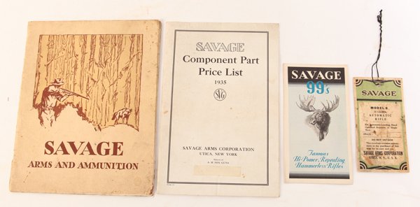 Three Savage Arms Catalogs Plus: Lot of 4 including a small 4to catalog. 7 1/2" x 9" in illustrated card stock wraps, marked, "Catalog No. 65" with fully illustrated pages; plus an 8vo, 6" x 9" Savage Component part price list 1935, 