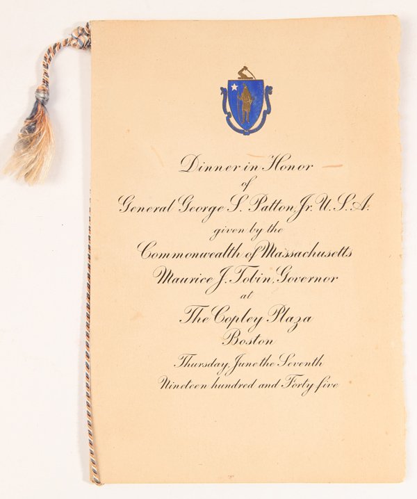 Pamphlet in Honor Gen. Patton w/ 82 Airborne Connection: An illustrated four page 8vo (6 x 9 inch), silk cord bound menu with cover reading Dinner in Honor of General George S. Patton, Jr. U.S.A. given by the Commonwealth of Massachusetts Maurice J. Tobin G