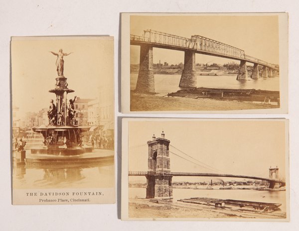 3 Albumen CDV's of Cincinnati: All albumen images, including a scarce image of the Newport & Cincinnati railroad bridge by C. MH. Muhrman, from a stereo photo by him, plus view of Roebling Suspension Bridge, with imprint of J.H. Ho