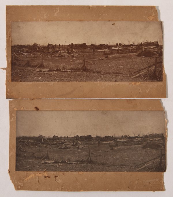 Two Iowa Tornado Damage Photographs: With blind stamp imprints of Fred Fritsch, Garner, Iowa, both are albumen prints on heavy card stock mounts and show destruction of the Fred Warner farmstead. One of the images has a newspaper article