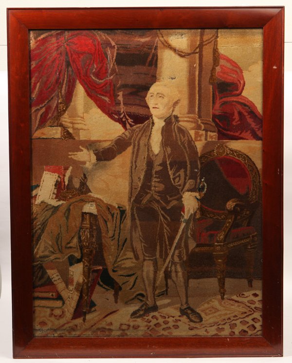 Wool Panel of Portrait of Washington: After a painting by Gilbert Stuart that hangs in the White House. Work circa 1870's in multi-colored wool. 22 1/2" x 30". Framed 26" x 33 1/2".
