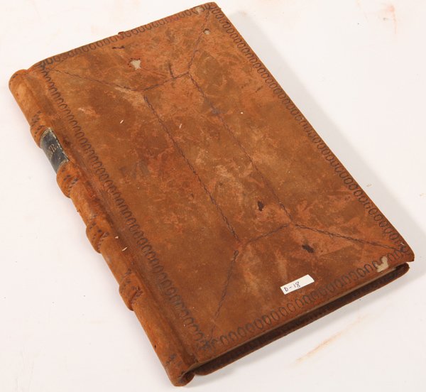 1850's Pa. Merchants Ms. Ledger: A leather bound 8vo (8.25 x 12.75 inches) with circa 90+ inked manuscript pages of entries. This ledger appears to be from Crawford or Venago Counties, Pennsylvania and dates from 1857-1875. The owner