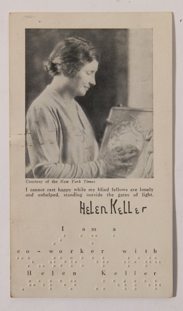 Helen Keller Card: An illustrated post card sized card from The American Foundation For The Blind (3.7 x 6.4 inches) with photo of Keller with right hand on an Art Nouveau relief sculpture with quote below reading, " I