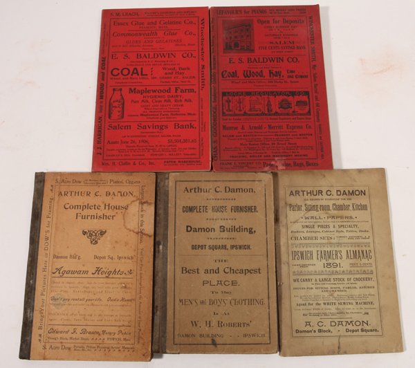 Early Ipswich, Ma. Directories Plus: Lot of 5, including dates of 1896, 1900, 1906 & 1910, all large 8vo (circa 6 x 9 inches) books in paper or card stock wraps/boards, each filled with illustrated advertisements. Plus Ipswich Farmerâ��