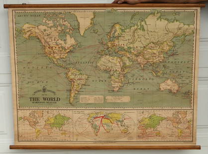 Bacon's Excelsior Map of The World: On Mercator's Projection, printed in London by G. W. Bacon & Co., Ltd., circa 1880. Chromolithograph laid on canvas with both original wood hangers. 39 1/2" x 30".