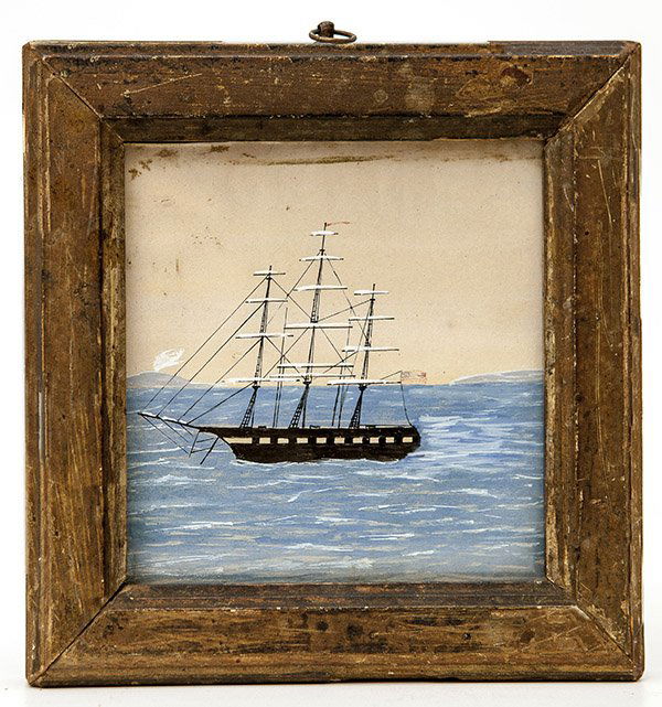Early Folk Art Marine Watercolor: Of an American three masted frigate flying and American flag, 5" square in period wood frame. 6 1/2" square.