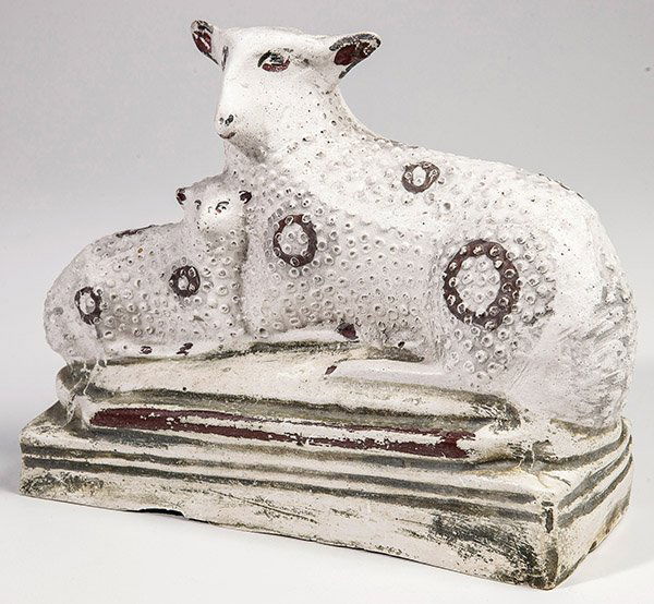 Chalkware Sheep and Lamb Figure: 19th century in original bi-chrome painted decoration, 3 3/4" x 8 3/4" x 7 1/4" high.