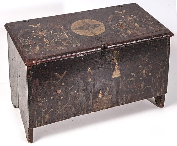 Small Early American Decorated Blanket Chest: White pine with front and lid profusely decorated with figures in 18th century dress, folksy columns, compass star, and vining flowers on red ground with old over varnish. Boot-jack ends with folksy c