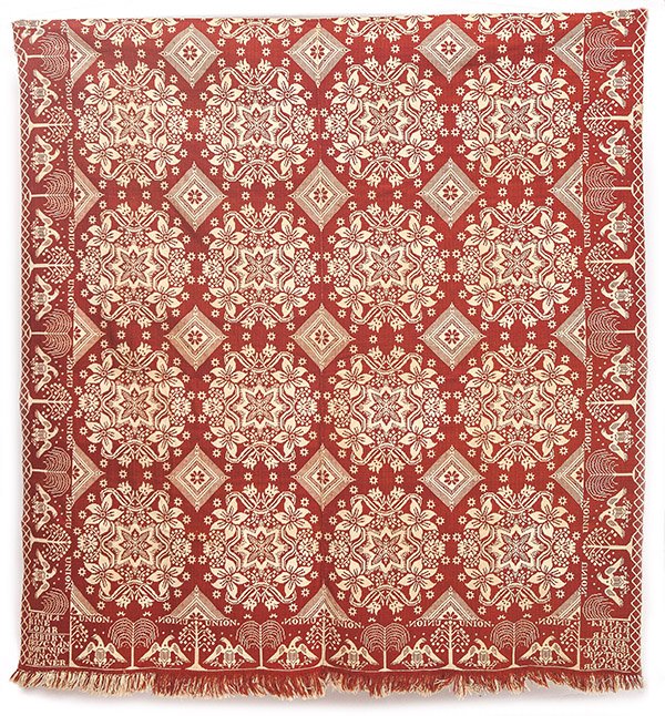 Early Nortwic 1837 Jacquard Coverlet: Red and Beige woven in two strips, fringe on one end, in floral and medallion pattern with eagle and shield border with willow and cherry trees, and the word "Union" above the eagle. Corner blocks say