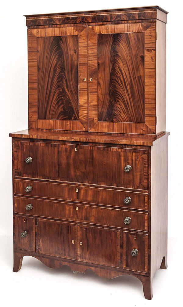 Mahogany Hepplewhite Secretary w/ Wine Drawers: Period Hepplewhite secretary, circa 1820, with pediment crown having satinwood & mahogany banding, over two paneled doors at top with wonderful book-matched flame grained mahogany, opening to reveal d