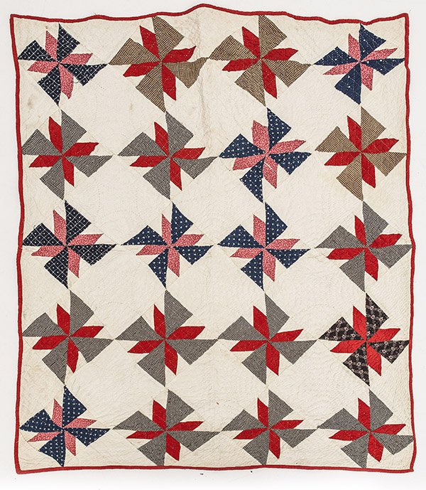 Early Hand Stitched Crib Quilt: Red, brown, blue and grey on a white ground with red binding. 37" x 31".