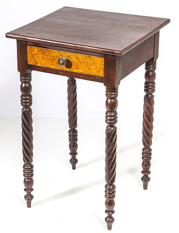 Sheraton Rope Legged Stand: In birch and birds-eye-maple with single dovetailed drawer with birds-eye maple front, and bradd pull, old dark varnish finish, pine secondary wood, circa 1820-30's, 18" square x 29" high.